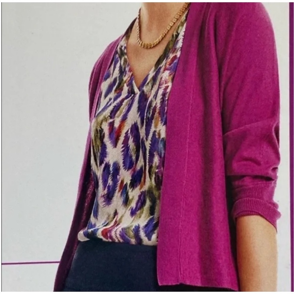 Cabi Womens Blouse Purple Multi Feather Print Rainbow Plume Top 5027 - Picture 2 of 7